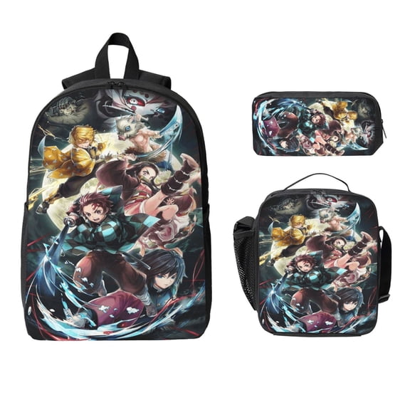 Demon Ta-njiro Slay-er Backpacks 3pcs Set Laptop Shoulder Bags Casual Daypack Lunch Bag Pencil Pouch Travel Hiking