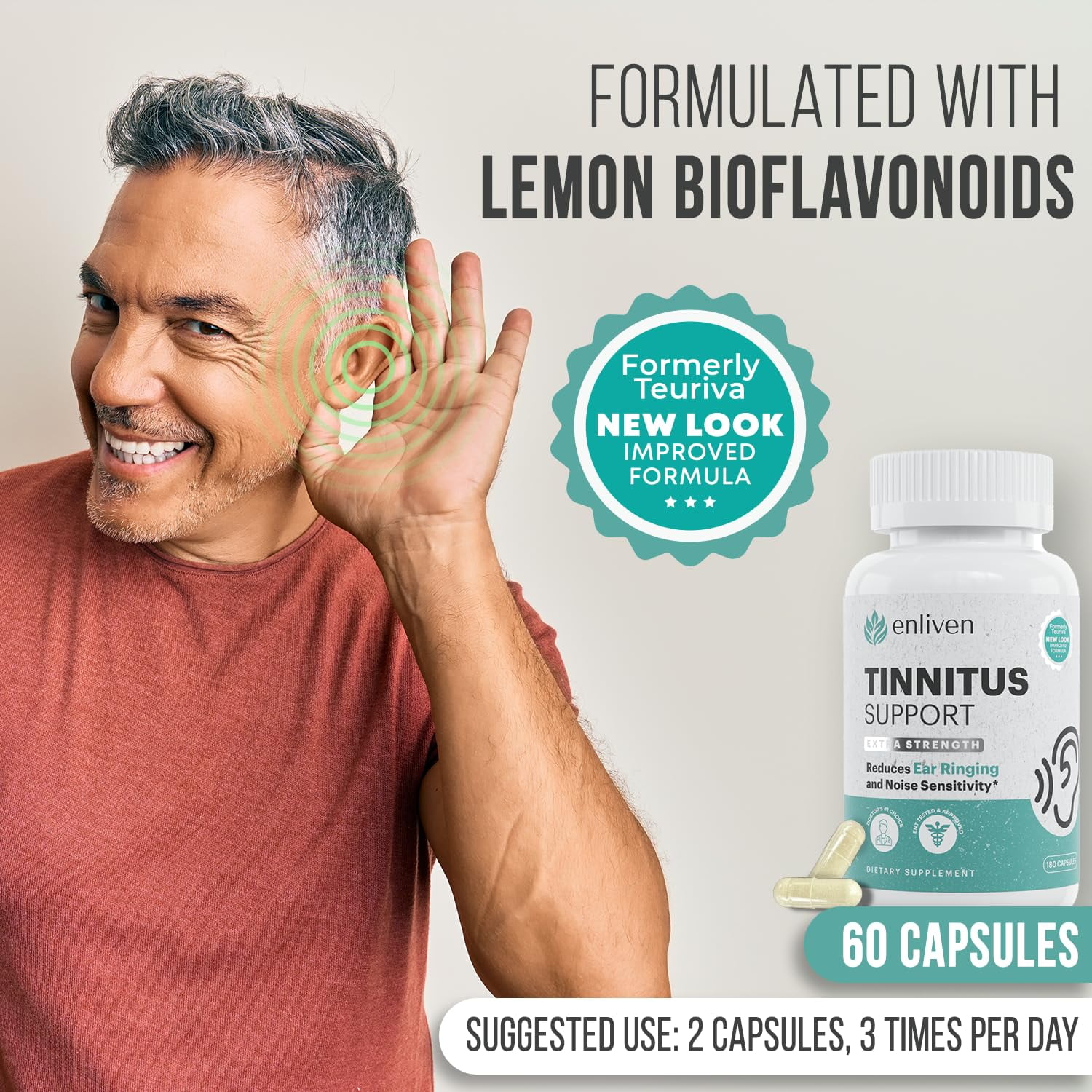 Enliven Tinnitus Relief Formula, Extra Strength for Ringing Ears, 180 Caplets - Tinnitus Relief 1500mg