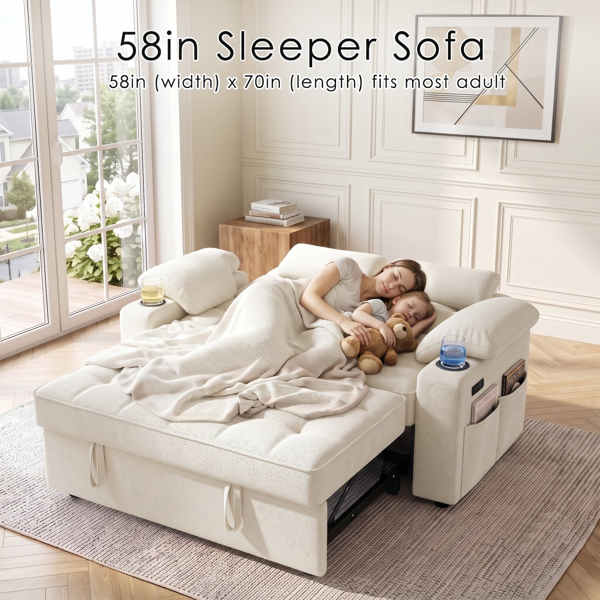 58" Sleeper Sofa Bed, Full Size Pull Out Couch, Towel Fabric Convertible Loveseat with USB Charging, Cup Holders, Adjustable Backrest & Side Pockets for Living Room, Apartment, Office (Beige)