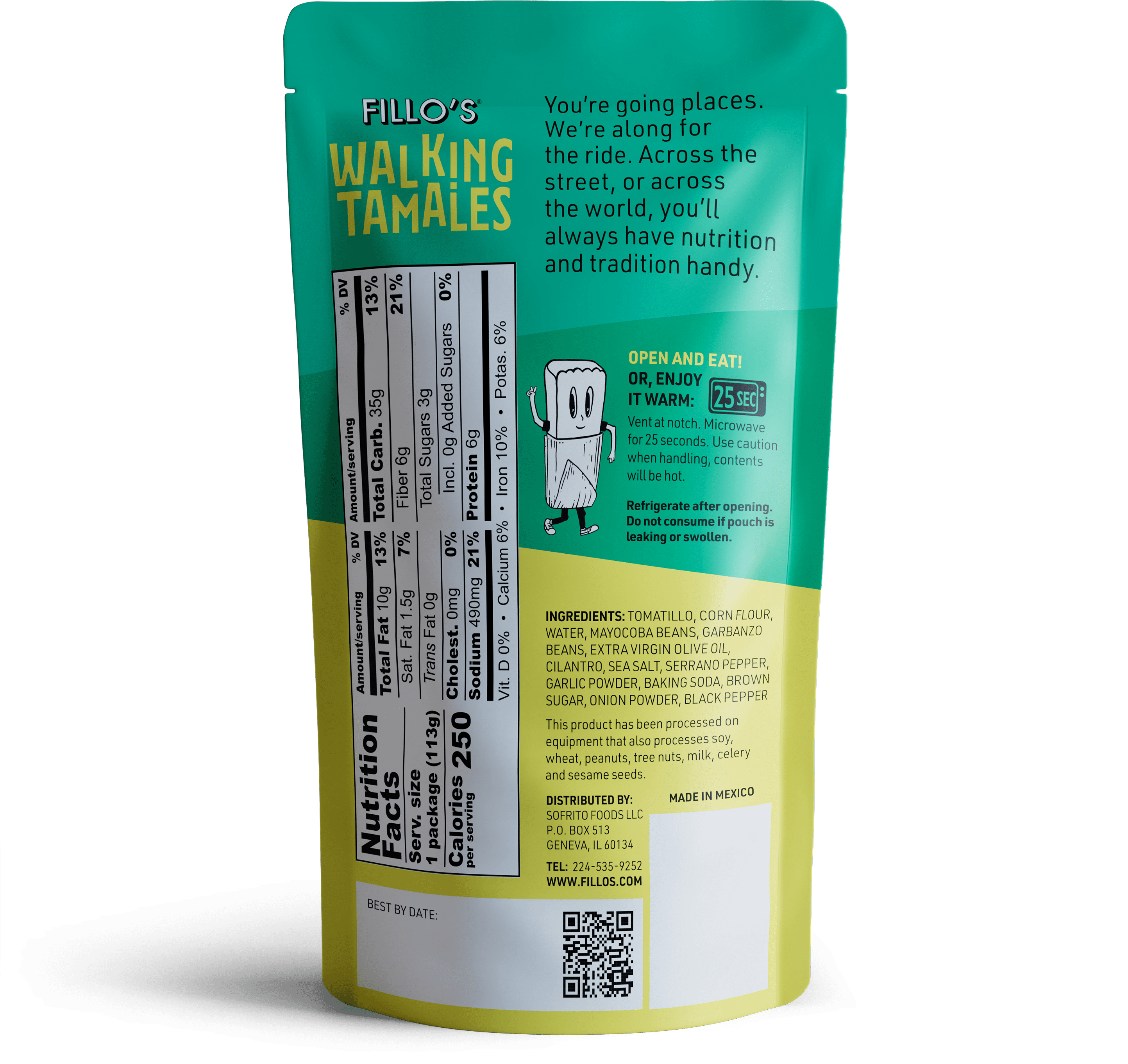 (2 pack) FILLO'S Walking Tamales Bean Salsa Verde Tamale, 4 oz Plastic Pouch, (Shelf-Stable)