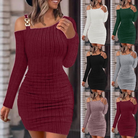 YHAJDS Women's Casual Dress,Women's Dresses Long Sleeve Dress Solid Color Asymmetric Neck Fitted Midi Dress Metal Button Slim for Fall Winter