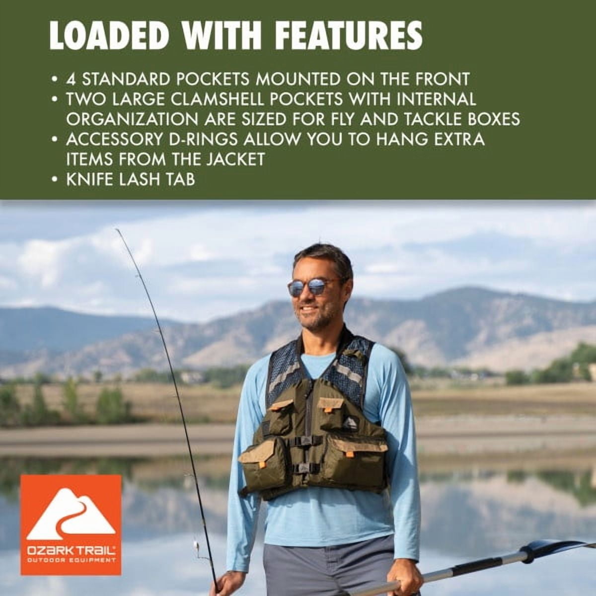 Ozark Trail Adult Unisex Fishing Vest with Quick-Release Buckles and Nylon Ripstop Fabric, L/XL, Green