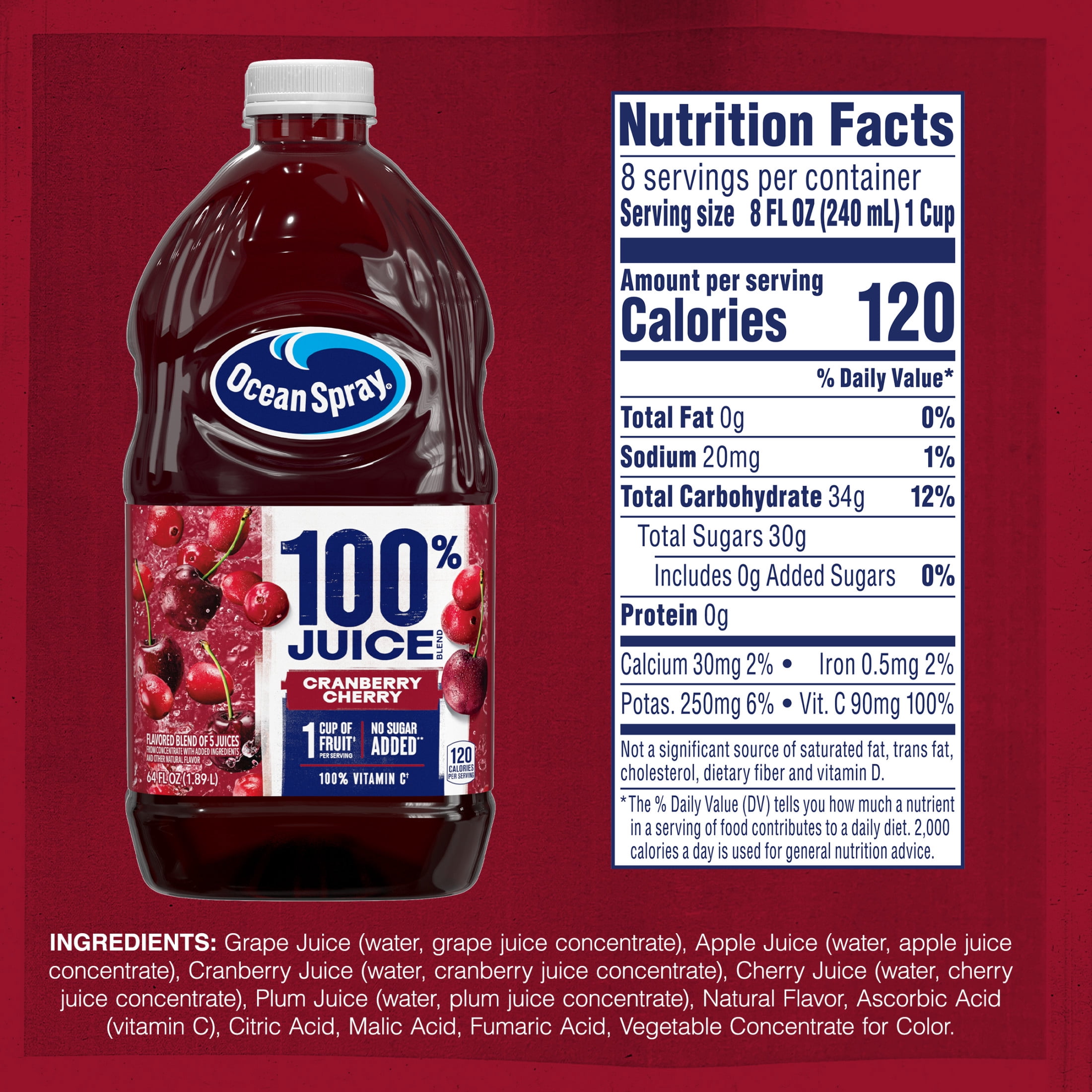 (8 pack) Ocean Spray® 100% Juice Cranberry Cherry Juice Blend, 64 fl oz Bottle