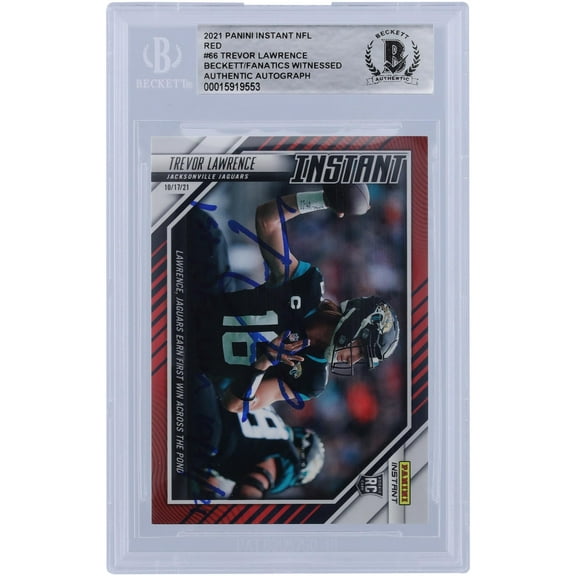 Trevor Lawrence Jacksonville Jaguars Autographed 2021 Panini Instant Red Variation #66 #/99 Beckett Fanatics Witnessed Authenticated Rookie Card with "1st NFL Win 10/17/21" Inscription - Fanatics