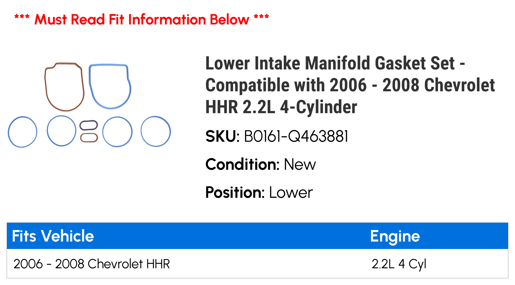 Lower Intake Manifold Gasket Set - Compatible with 2006 - 2008 Chevy HHR 2.2L 4-Cylinder 2007