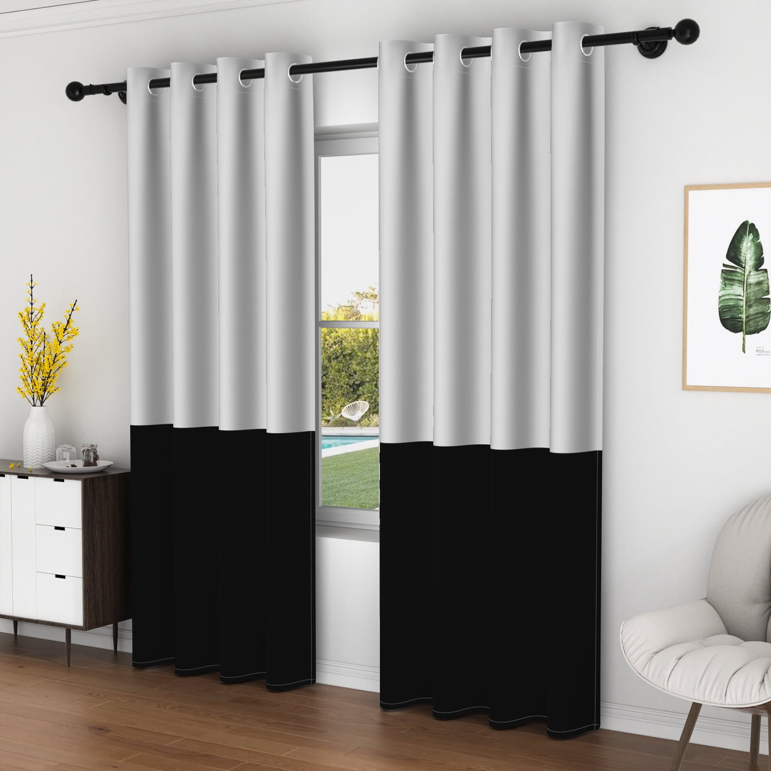 Lfeey Black and Gray Blackout Curtains, Room Darkening Curtains for Living Rooms/Bedrooms, 63 inch long, 2 Panels