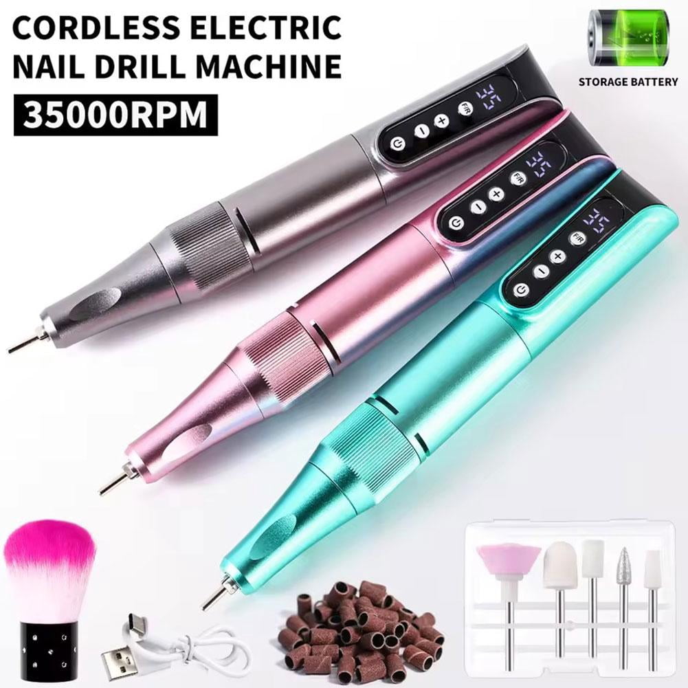 Electric Nail Drill File, Nail Drill Electric Nail File Kit, Rechargeable Efile Set, Nail Machine Kit Manicure Pedicure Tools Polishing Set for Salon Home - Green