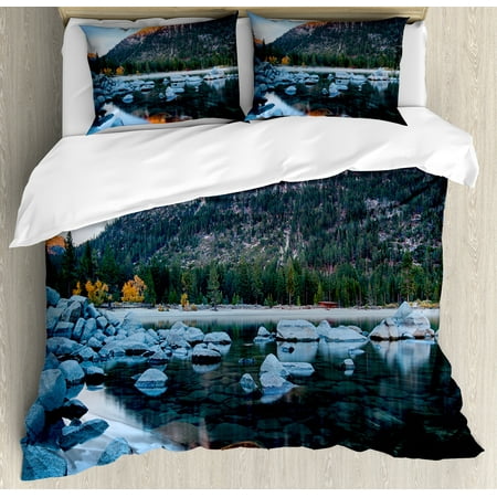 - Lake Tahoe Queen Size Duvet Cover Set, Rocks in a Lake Photo North American Landscape Sierra Nevada California USA, Decorative 3 Piece Bedding Set with 2 Pillow Shams, Multicolor, by Ambesonne