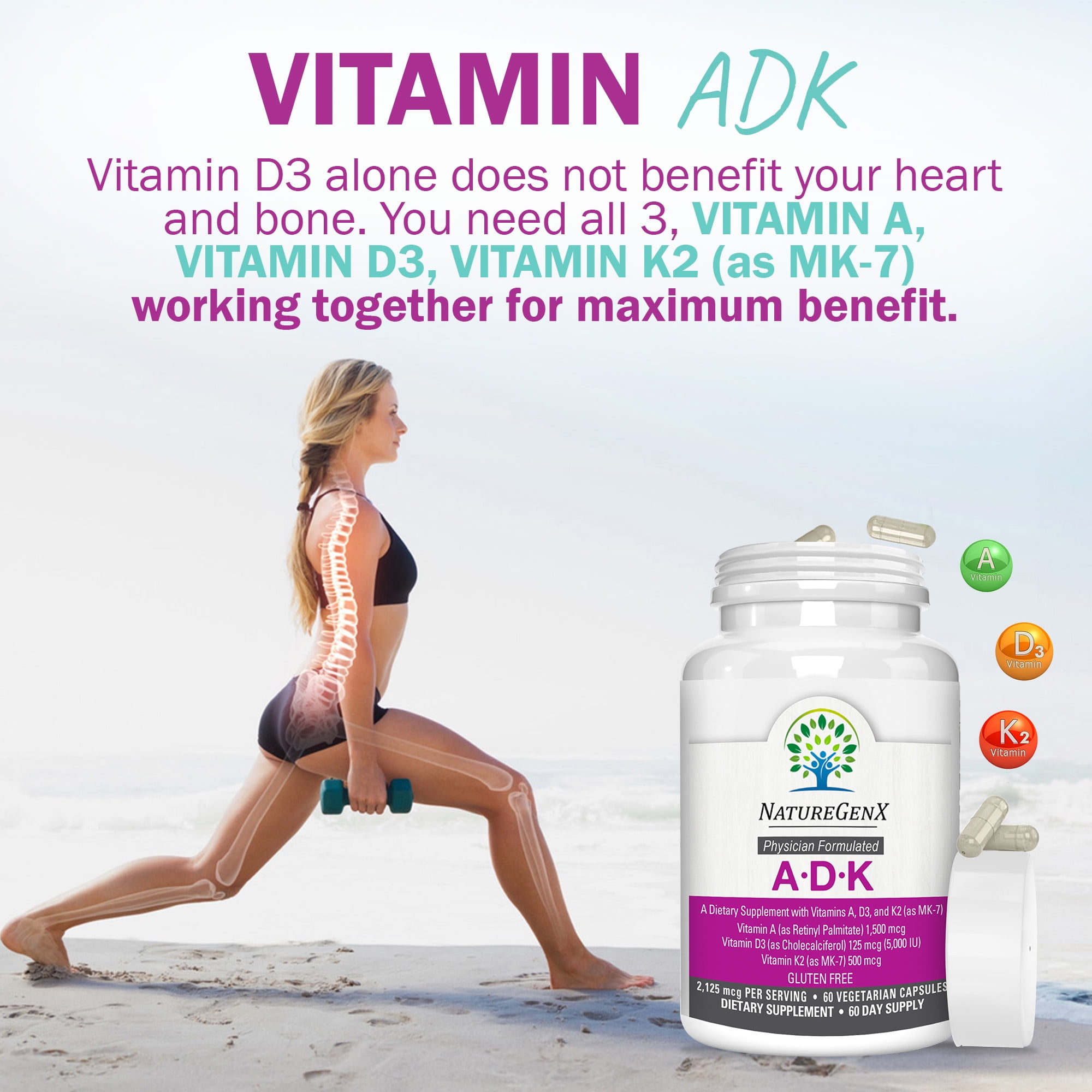 NatureGenX ADK Vitamin Supplement – High Potency Vitamins A 5000 IU, D3 5000 IU, K2 500 mcg – Supports Bone Strength, Joint Health, Heart & Immune Function – 60 Capsules, 2-Month Supply