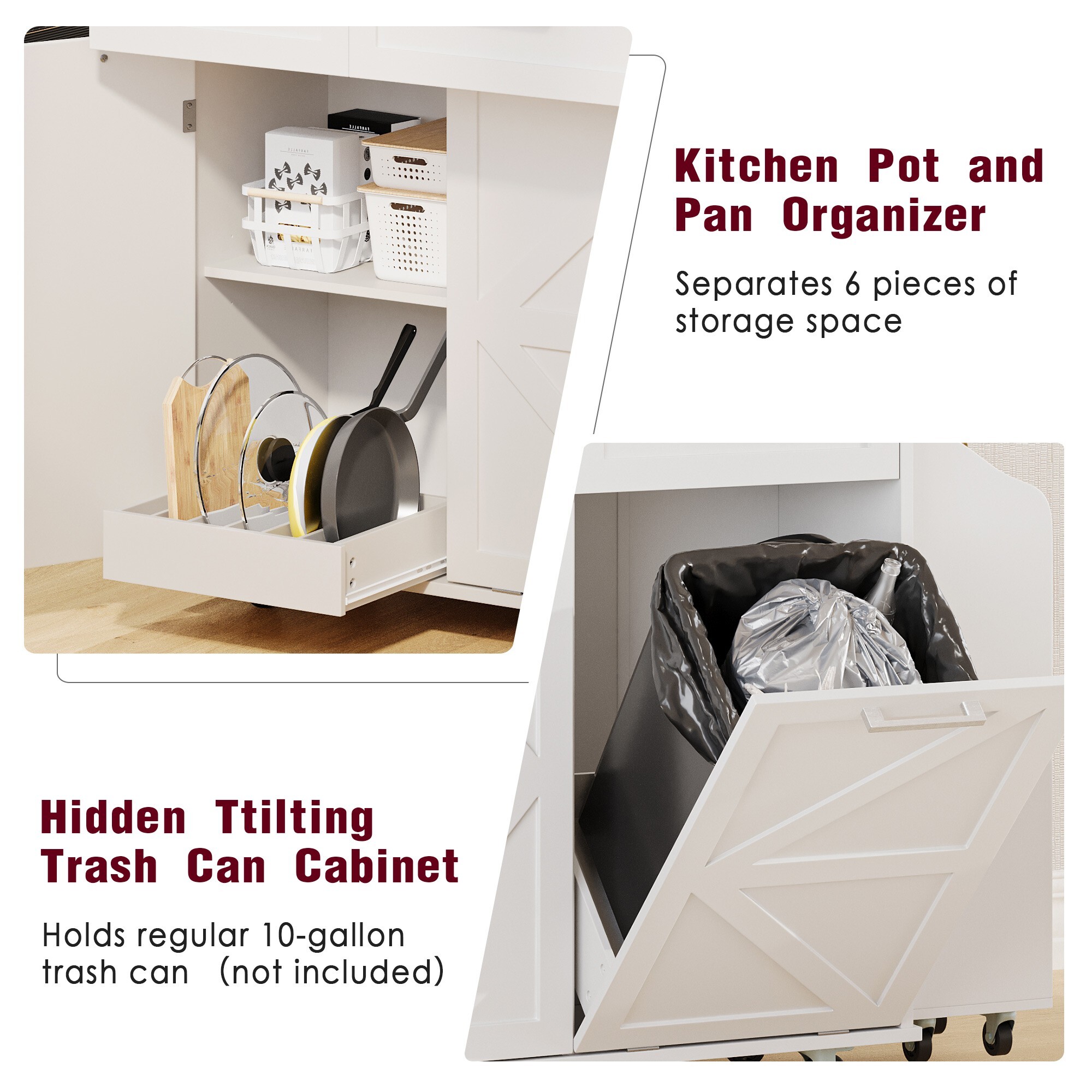 AENKYO 47.2" Farmhouse Kitchen Island with Removable Side Shelf, Tilt-Out Trash Bin, Storage Cabinet & Drawers, White