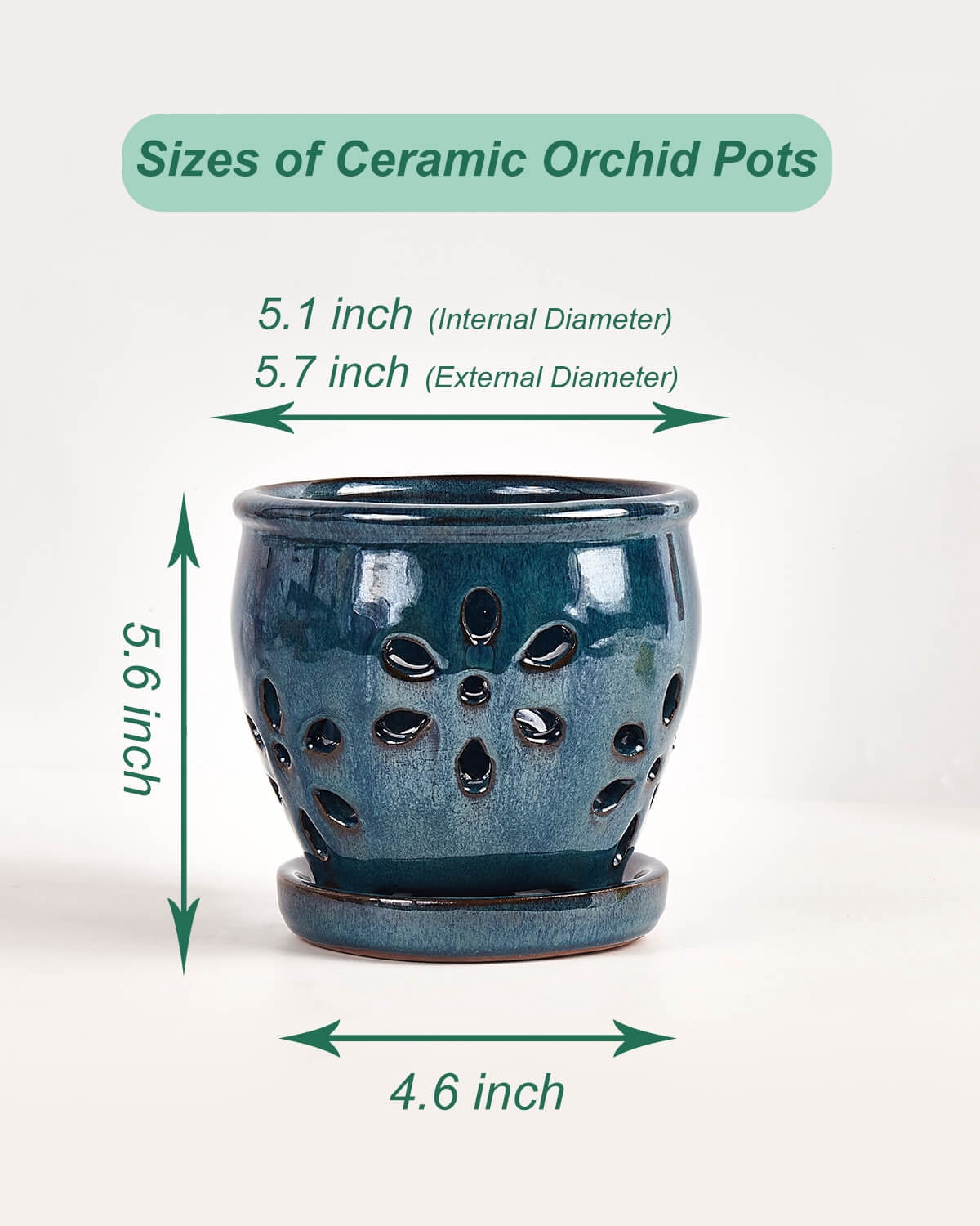 5 Inch Ceramic Orchid Pots with Holes and Saucers - 1 Pcs Small Ceramic Orchid Planter Pots for Repotting, Plant Garden Pots for Orchid Indoor and Outdoor Promotes Air Circulation, Blue