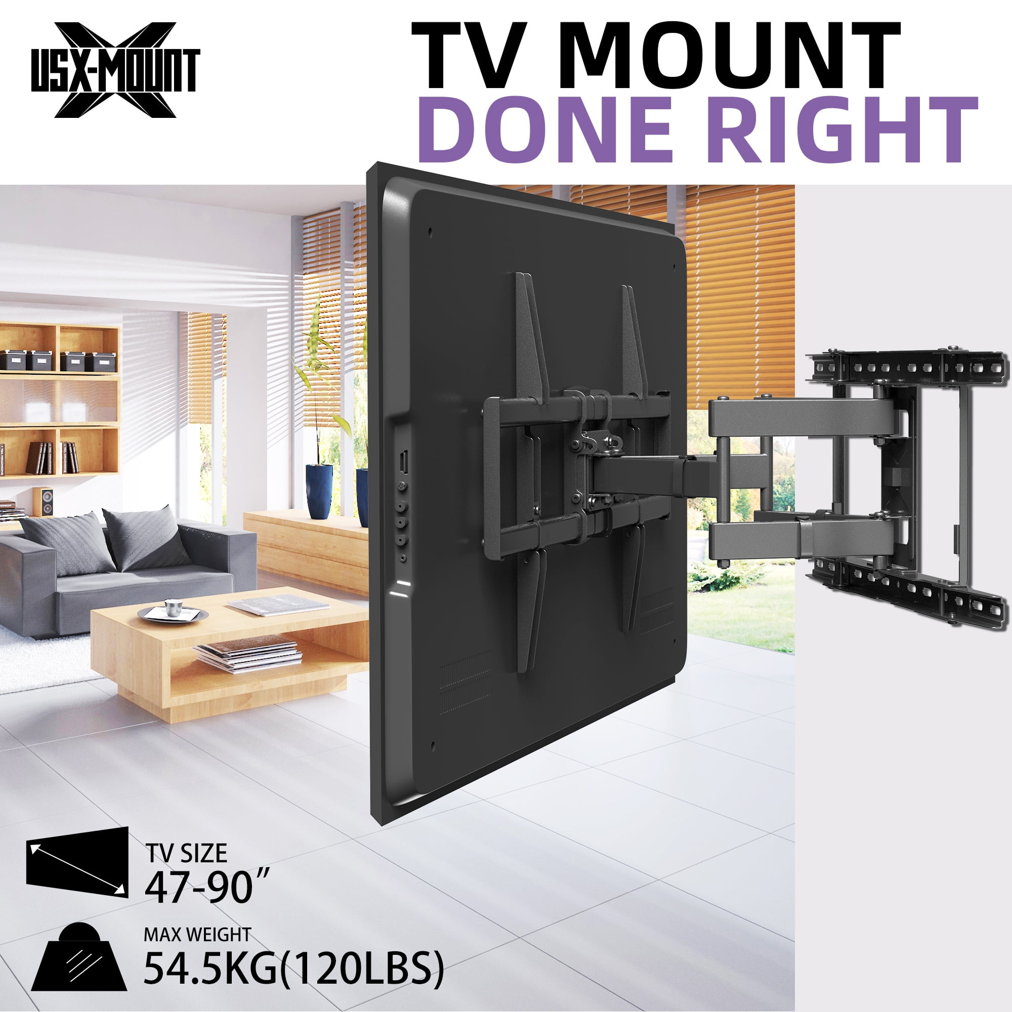 USX MOUNT Full Motion Tilting Swivel Leveling Articulating TV Wall Mount for 47-90" TVs, VESA 600x400mm, Fits 16/18/24" Wood Studs, Holds up to 120lbs
