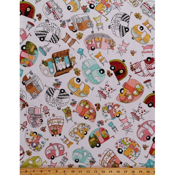 Cotton Trailers Campers RVs Camping Summer Vacation Road Trip Travel Vehicles Glamping Flowers Vintage Holiday Trailer White Cotton Fabric Print by the Yard (692-210)