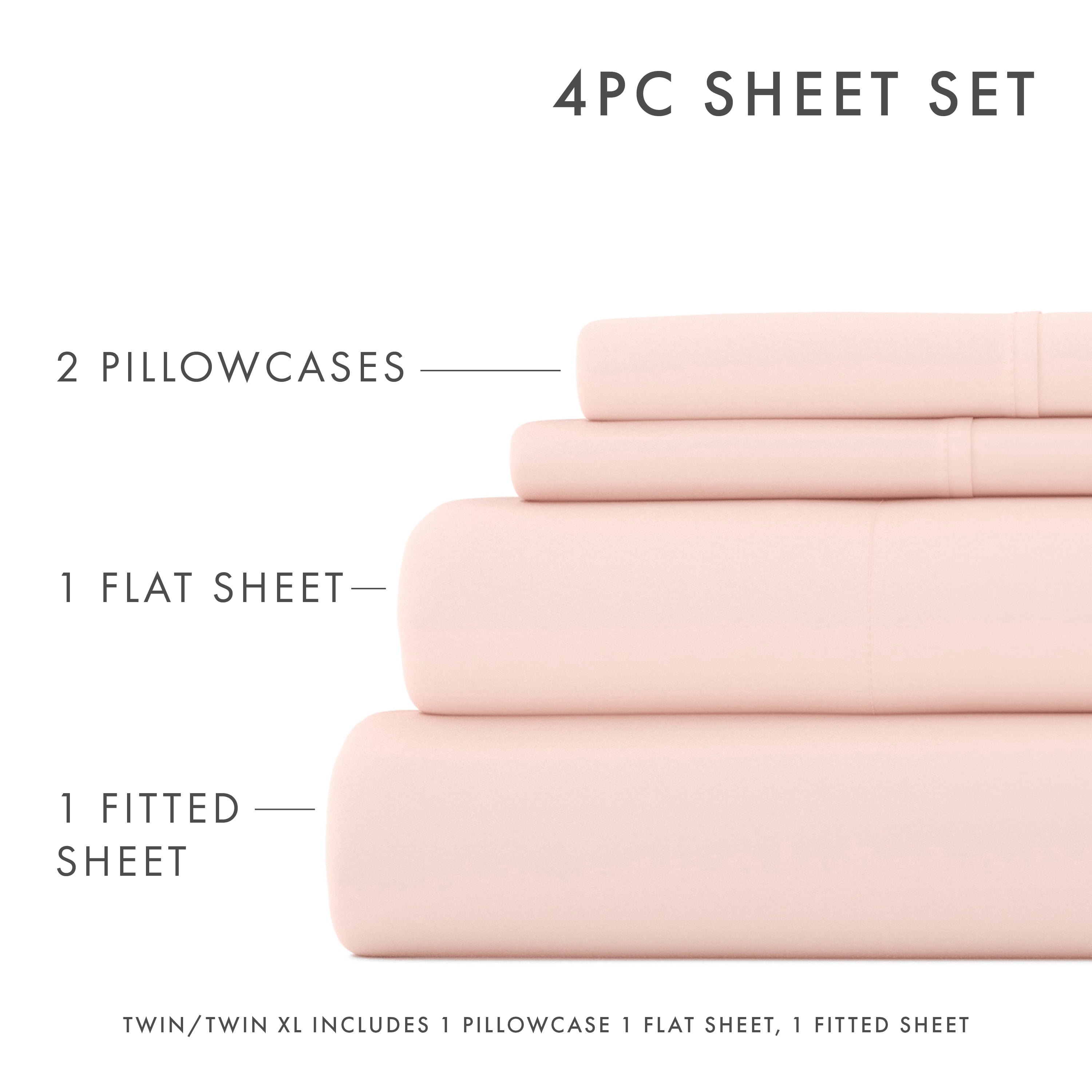 Noble Linens 4 Piece Solid Microfiber Bed Sheet Set, Blush, Twin