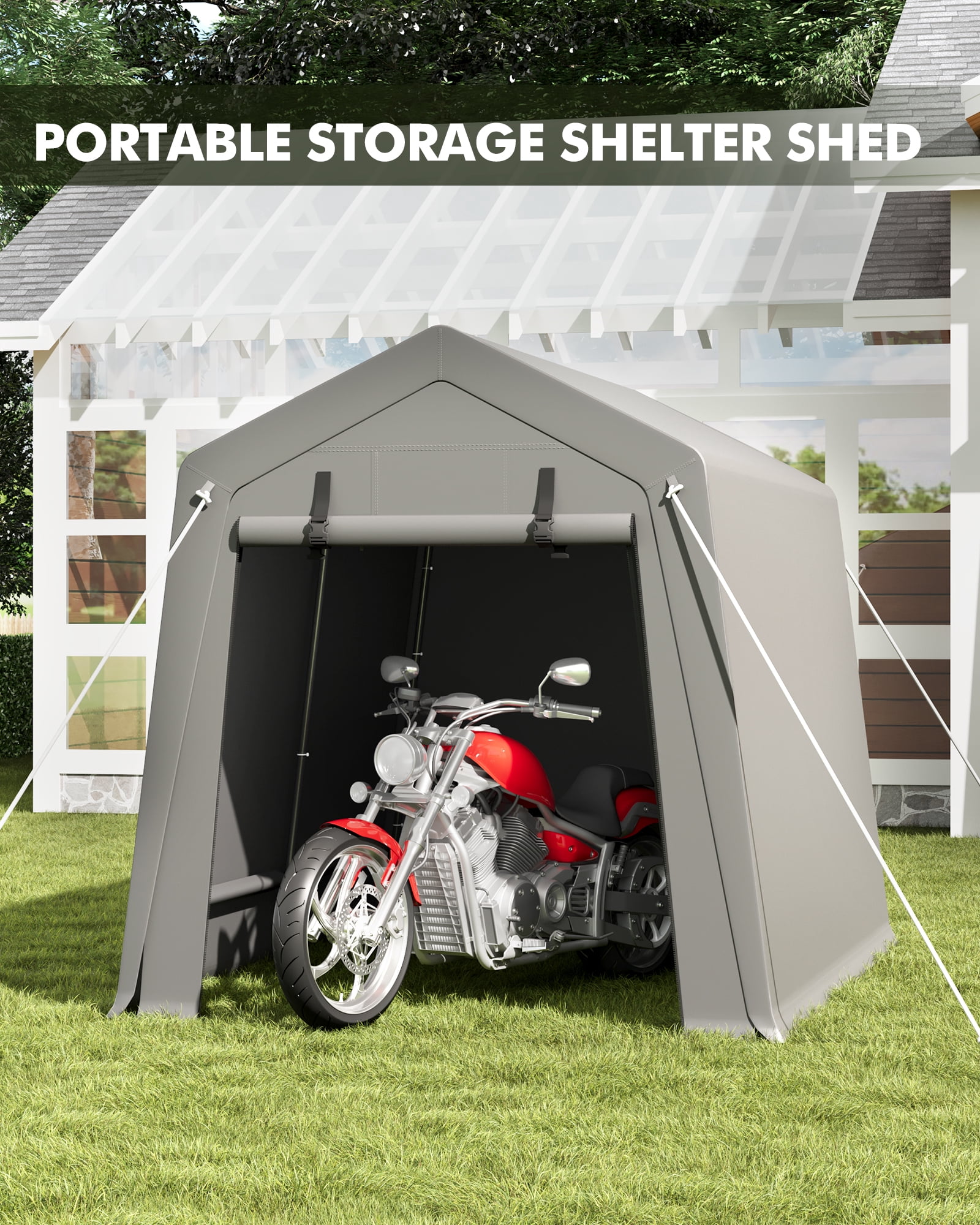 AOILE Motorcycle Shed, Portable Carport Storage with Roll-Up Zipper Door, Waterproof Tarp for Bike, Firewood, and Tools, Grey
