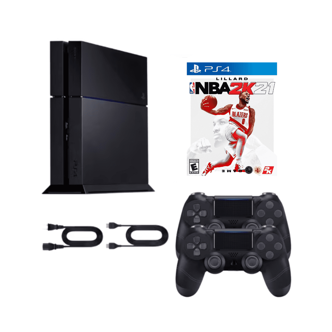 Sony PlayStation 4 PS4 1TB Original Console - Refurbished Bundle with NBA 2K21 Game and 2 RetroFam Wireless Controllers