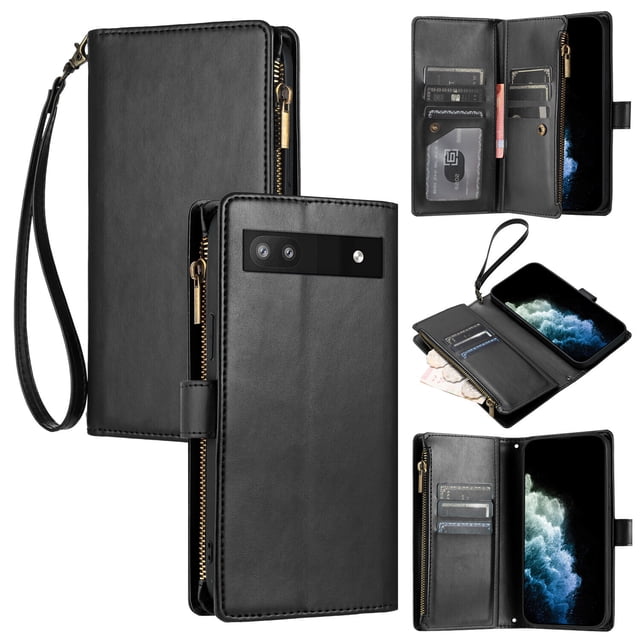 Compatible avec Google Pixel 7A Étui Portefeuille Premium Fermeture Éclair Grand Espace Rabat en Cuir PU