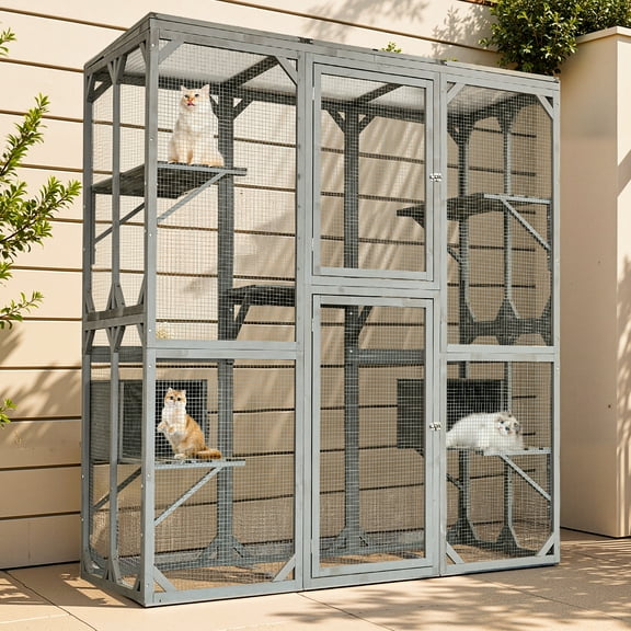 Outdoor Cat Enclosure with Weatherproof PVC Roof 72" Height Cat Wooden House Large Cat Catio