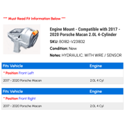 Engine Mount - Compatible with 2017 - 2020 Porsche Macan 2.0L 4-Cylinder 2018 2019