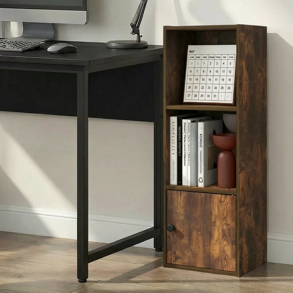 Furinno LUDER 3-Tier Bookcase with 1 Door Cabinet 9.3 x 12 x 31.5 Amber Pine
