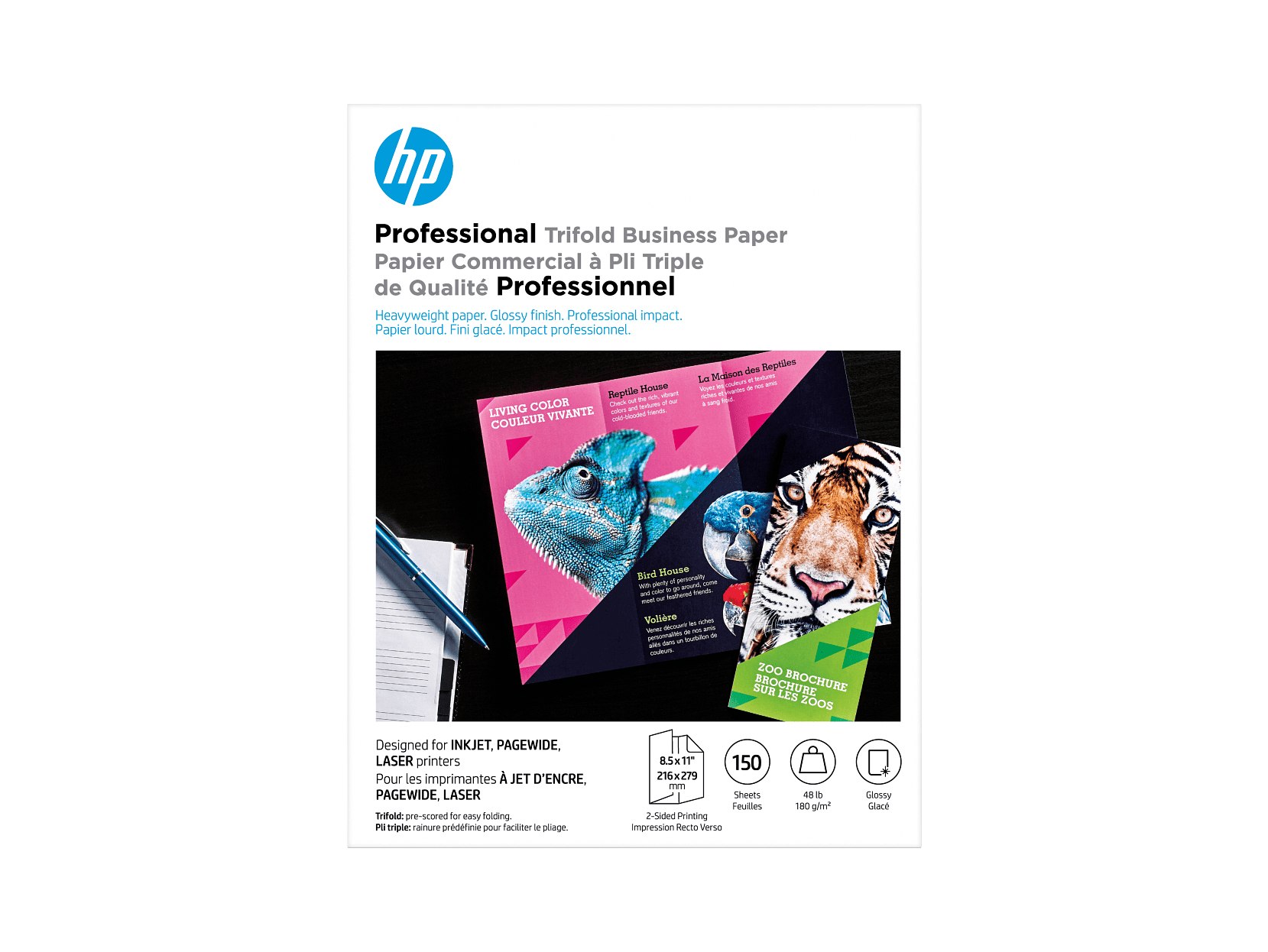 HP Professional Tri-Fold Business Paper, Glossy, 48 lb, 8.5 x 11 in. (216 x 279 mm), 150 sheets 4WN12A