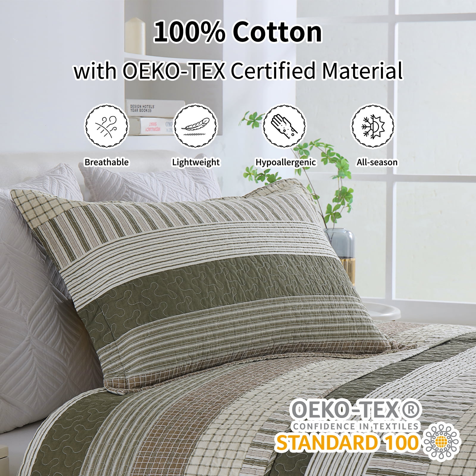 Bedduvit 100% Cotton King Size Quilt Set, Green Beige Brown Striped Lightweight King Quilt Bedspreads for Bed, Farmhouse Breathable King Quilt Coverlet/Bedding Set for All Season, 3-Piece (98"x106")