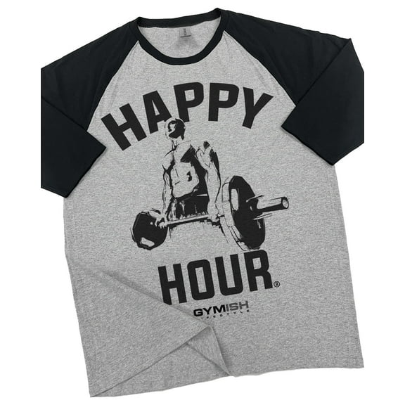 GYMISH RAGLAN Happy Hour Workout Gym T-Shirt – Funny Gym Shirt for Men, Men's Workout Tee, Weightlifting & Fitness Gym Apparel