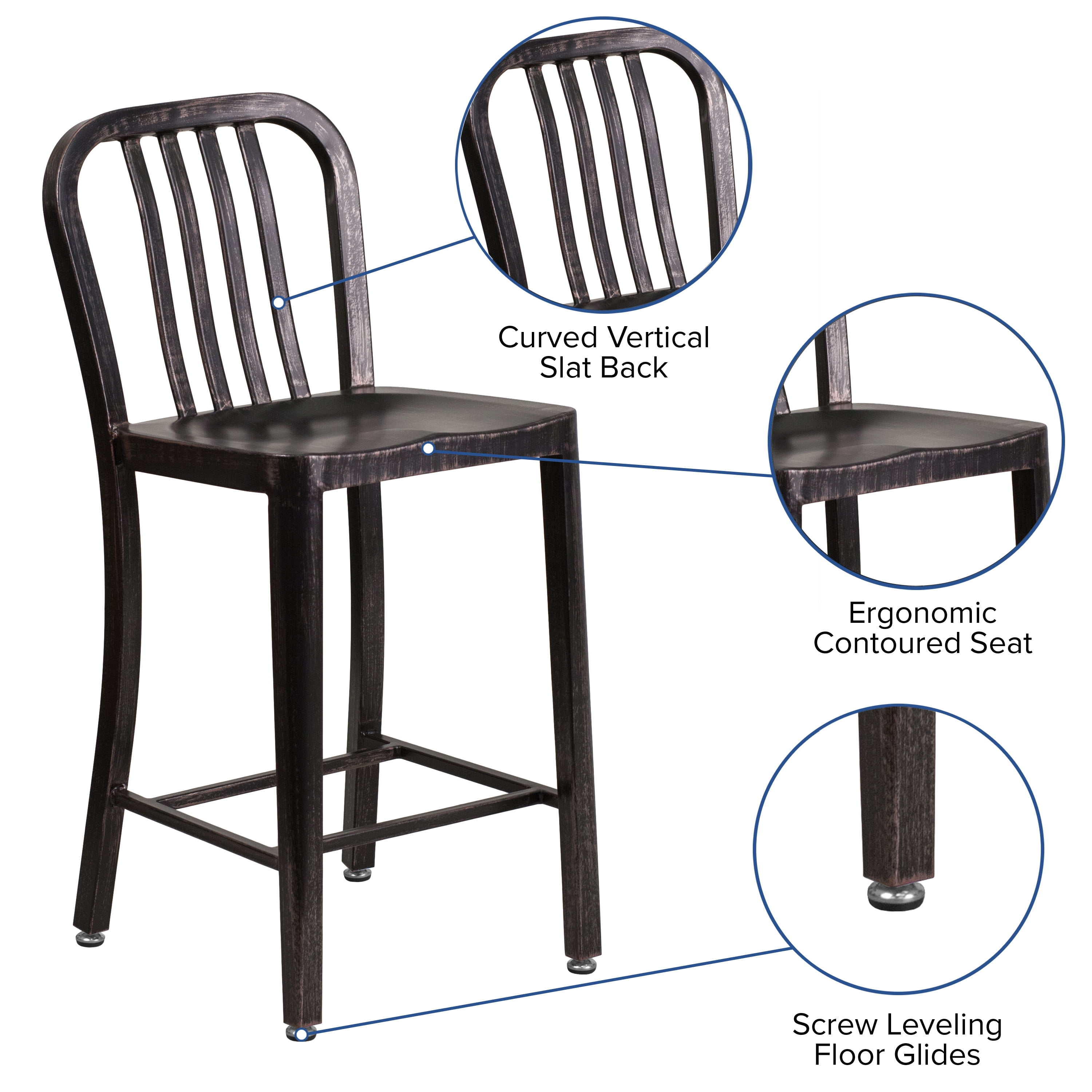 Flash Furniture Curved Slat Back Bar Stool, Black Antique Gold