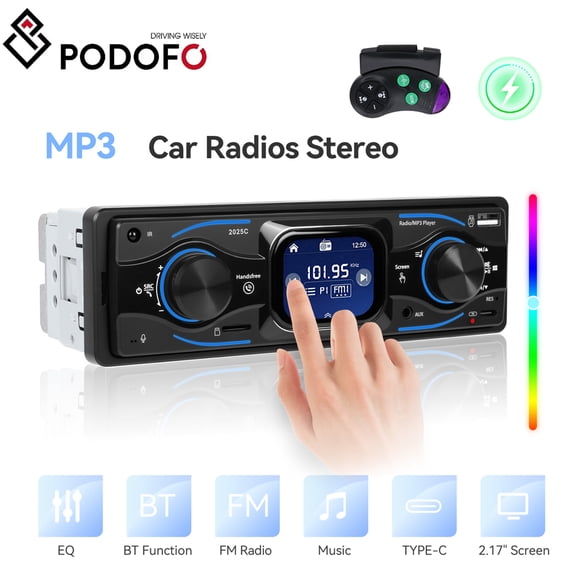 Podofo Single Din 2.17 inch Screen Car Radio with Bluetooth/FM/EQ/AUX, Type C Quick Charge SWC