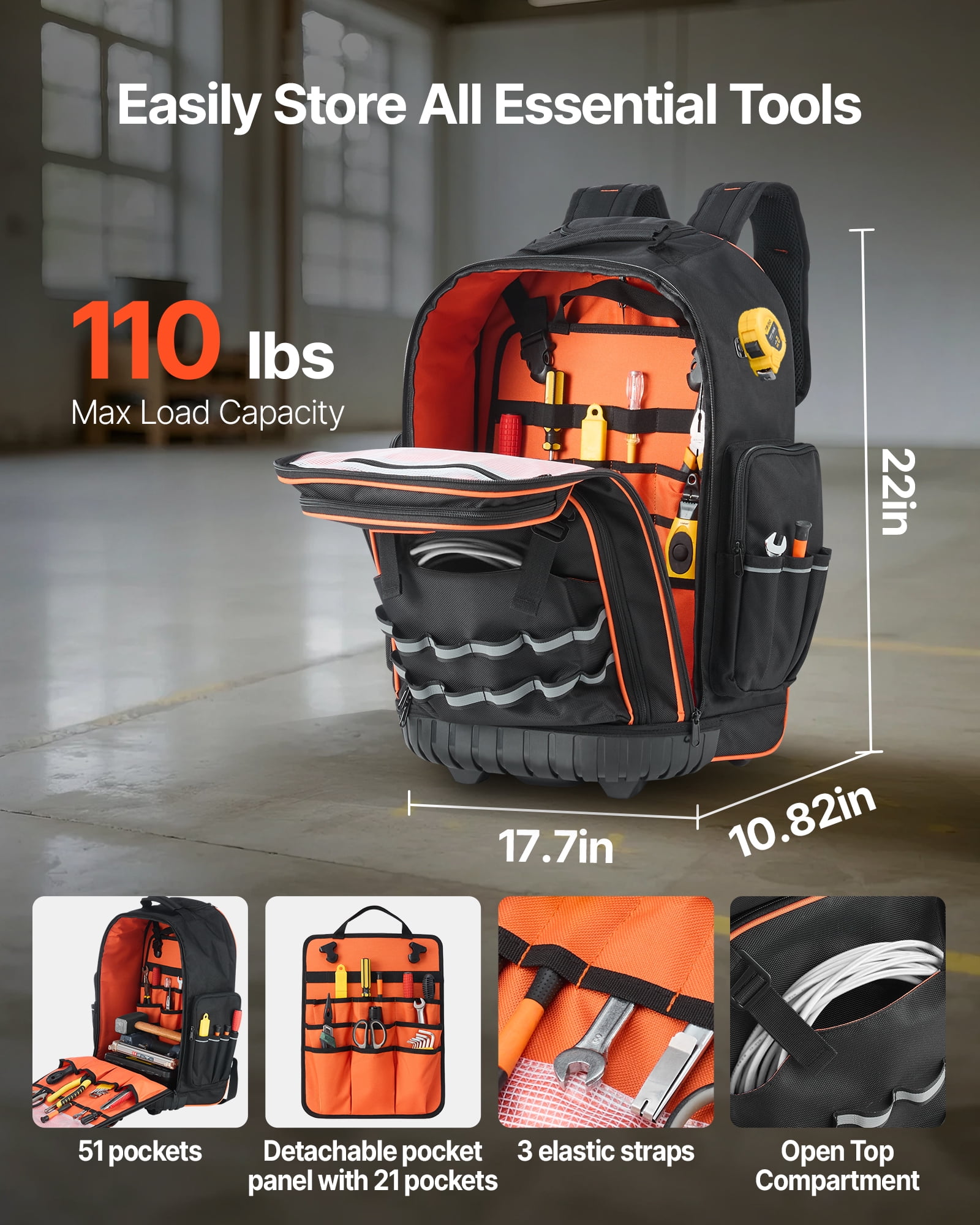 VEVOR Rolling Tool Backpack, 110 lbs Load Capacity, 72 Pockets Heavy Duty Roller Tool Bag on Wheels, Adjustable Telescoping Handle & Stable Base, Toolbag Organizers for Construction, Mechanic