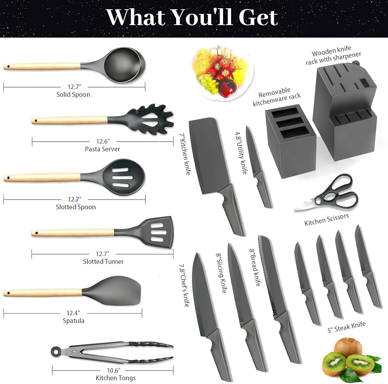 18-Piece Black Kitchen Knife Set with Holder, Professional Chef Knife Set Non-Stick Heat Resistant Silicone Utensils Wooden Handle for Cooking
