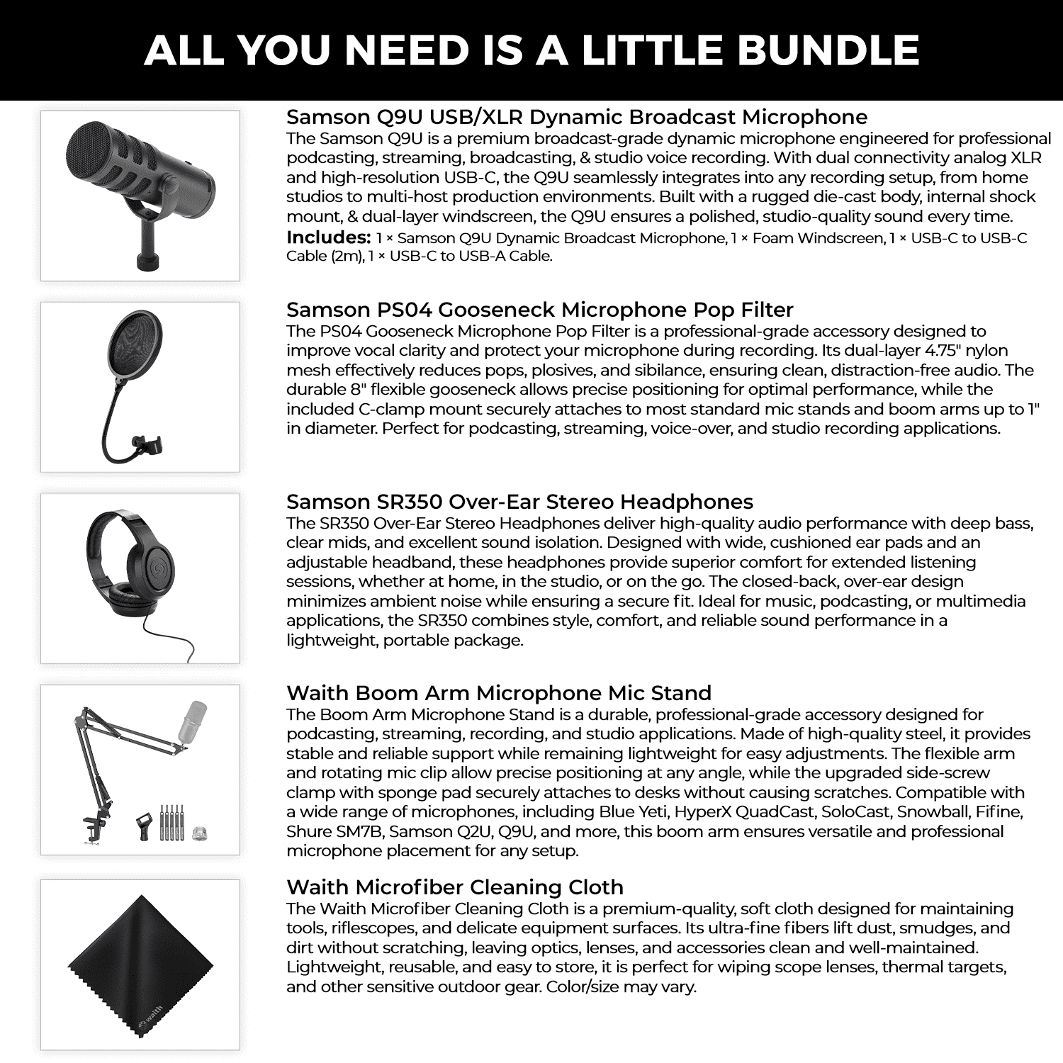 SAMSON Q9U XLR/USB Dynamic Broadcast Microphone with Accessories - PS04 Gooseneck Microphone Pop Filter, SR350 Over-Ear Stereo Headphone, Boom Arm Microphone Mic Stand, and Cleaning Cloth - Bundle