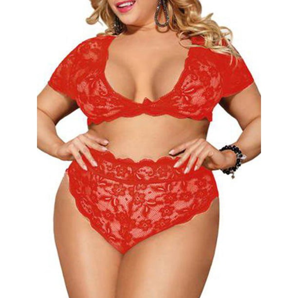 Conjunto Brasier Festoneado de Talla Extra con Encaje con Mangas Cortas Rosegal Conjuntos de lencería de talla grande