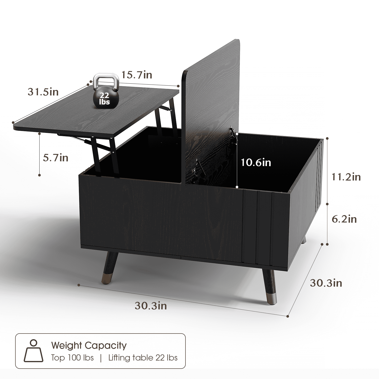 JOINICE Lift Top Coffee Table with Hidden Storage Space, Wood Square Center Table,for Living Room, Black