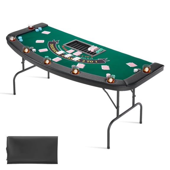 VEVOR Foldable Poker Table, 7 Player 72 in Folding Casino Leisure Table with Padded Rails & Cup Holders, Semi-oval Portable Game Tables with Felt & Metal Legs, for Texas Holdeem Game and Blackjack