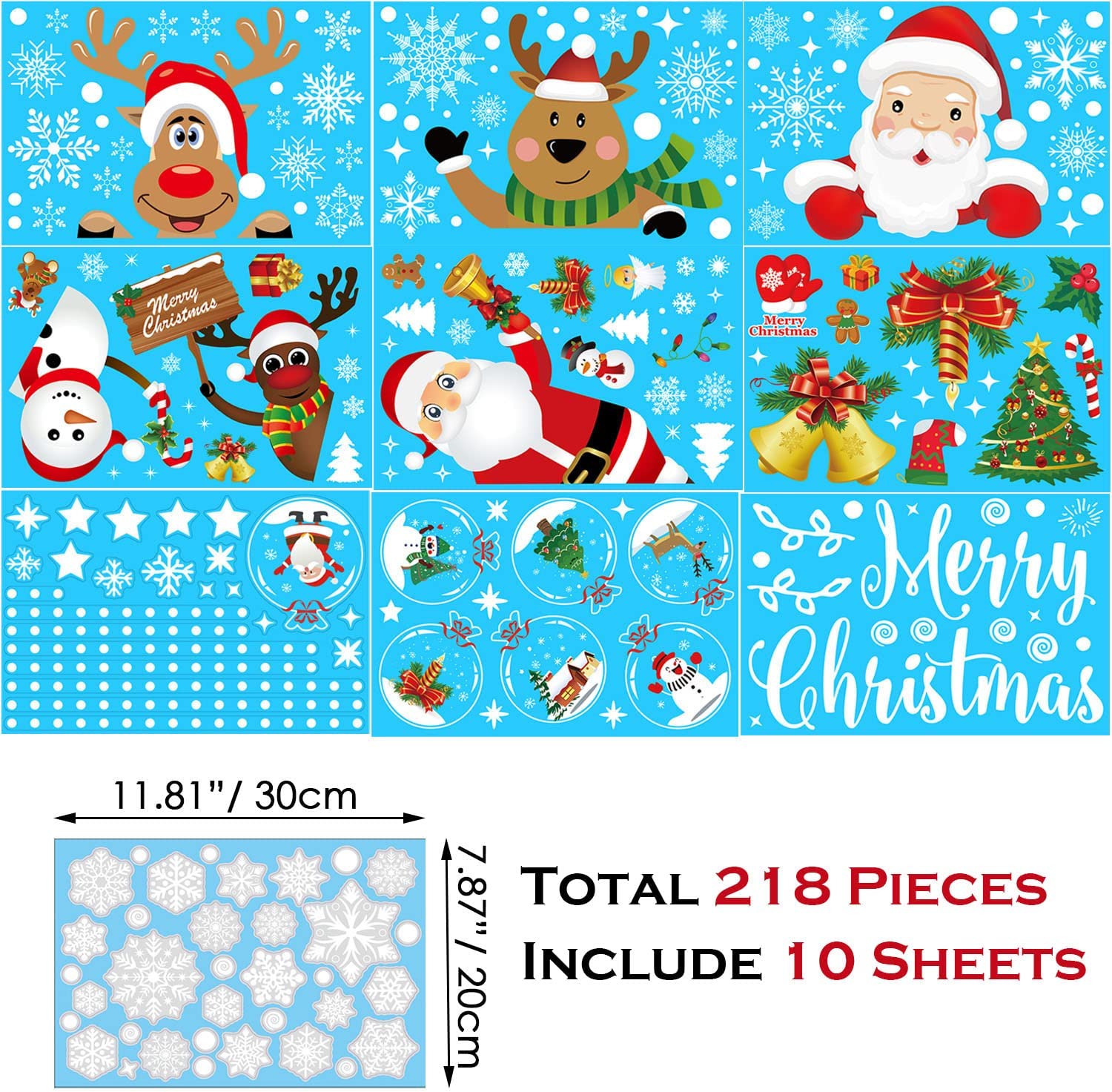 Christmas Window Clings, 155 Pcs Christmas Window Stickers, 9 Sheets Reusable Xmas Window Decals with Santa Claus Reindeer Snowman, Double-Side Xmas Snowflake Window Clings for Winter Party Supplies