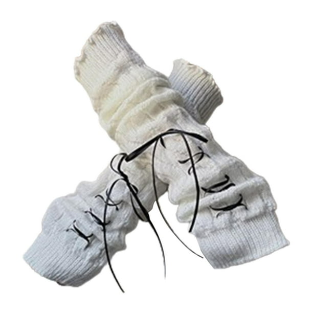 Calentadores de brazos Mangas de brazo para clima frío Mitones de punto de invierno Lindos guantes de punto cinta negra blanca