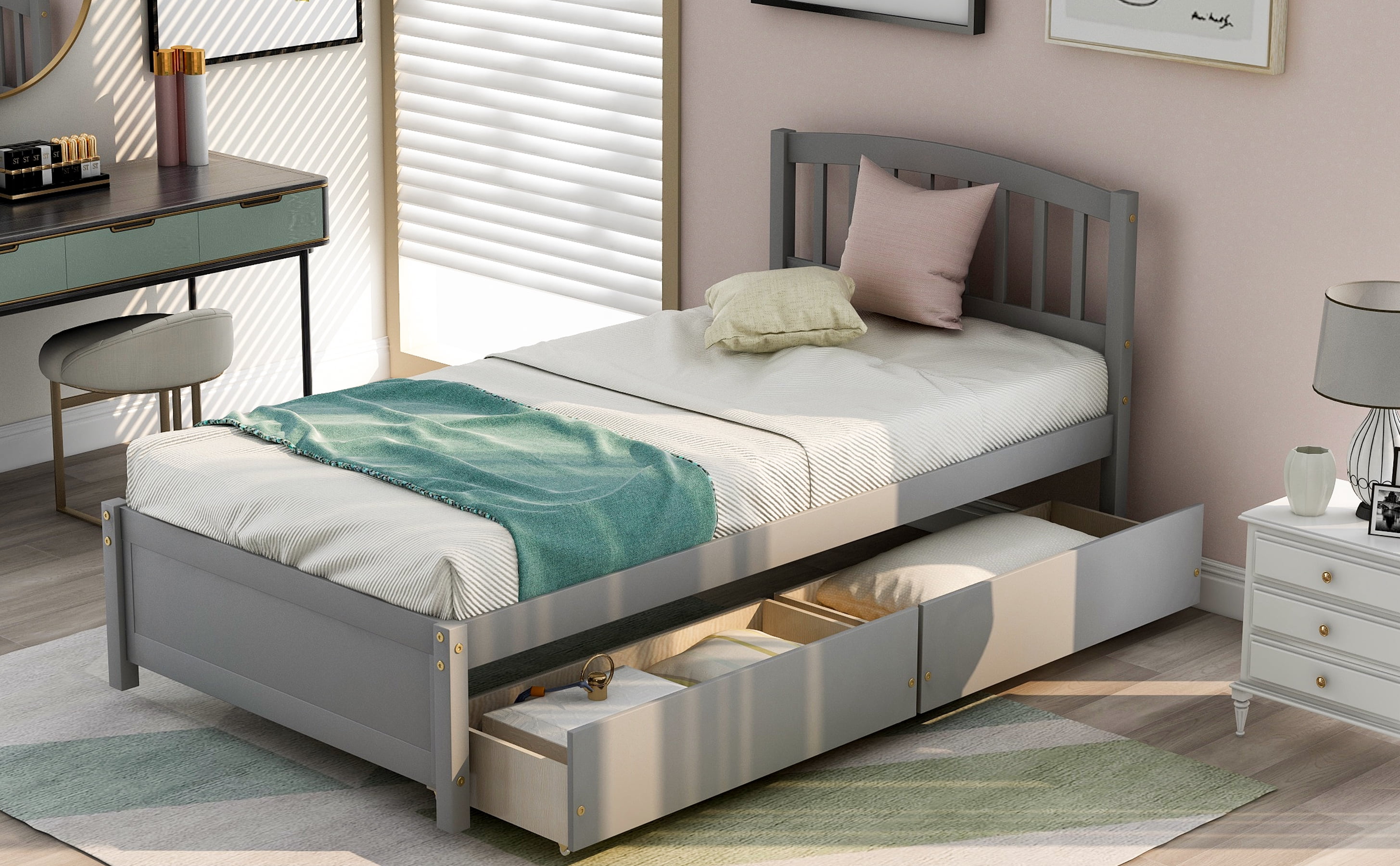 Mintazer Twin Size Platform Bed Frame with 2 Rolling Storage Drawers & Curved Slatted Headboard for Kids Teens Adults Bedroom, No Box Spring Needed, Gray