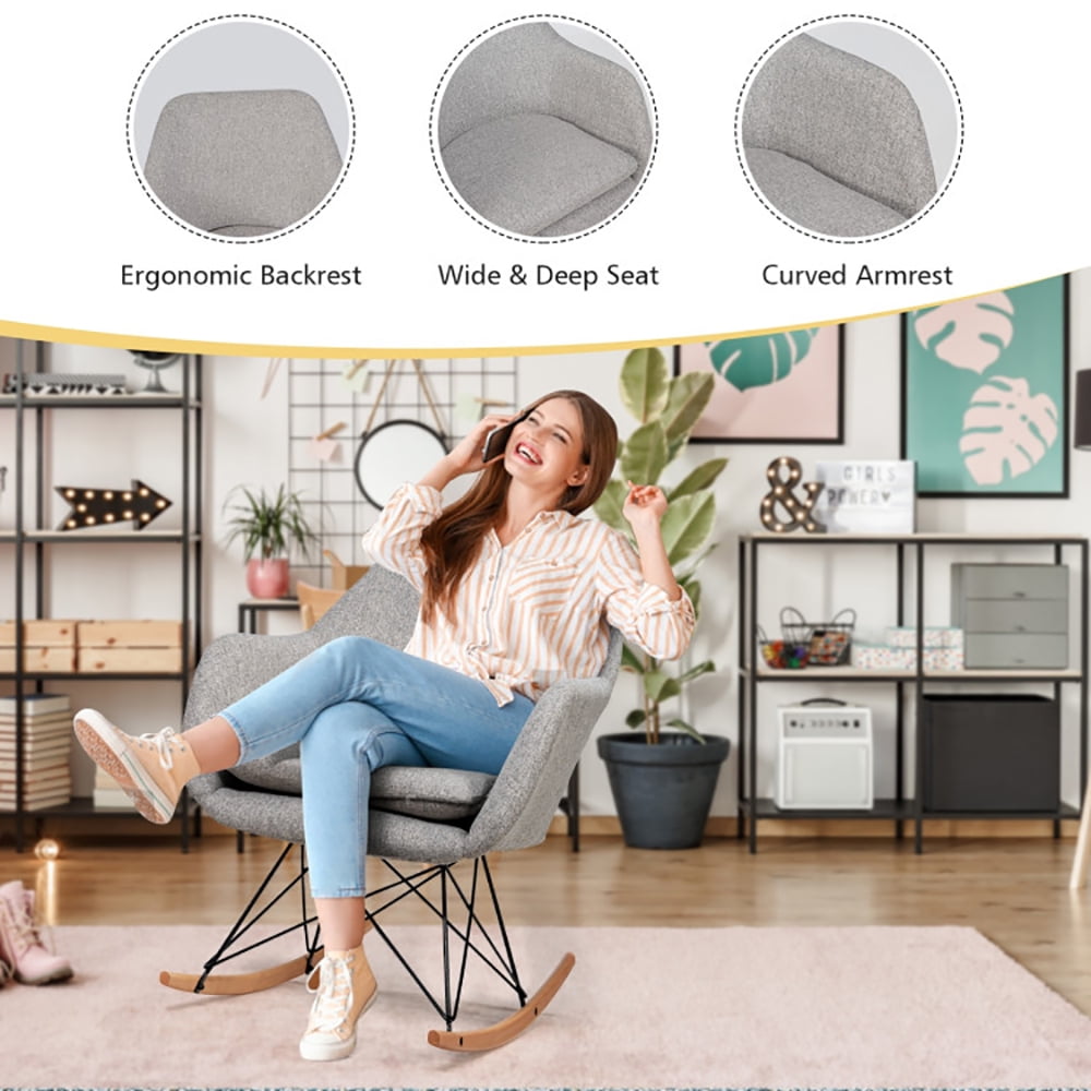 Finihen Rocking Arm Chair, Upholstered Rocking Arm Chair with Solid Steel Wood Leg, for Living Room, Bedroom, Gray Finihen Rocking Arm Chair, Upholstered Rocking Arm Chair with Solid Steel Wood Leg, for Living Room, Bedroom, Gray