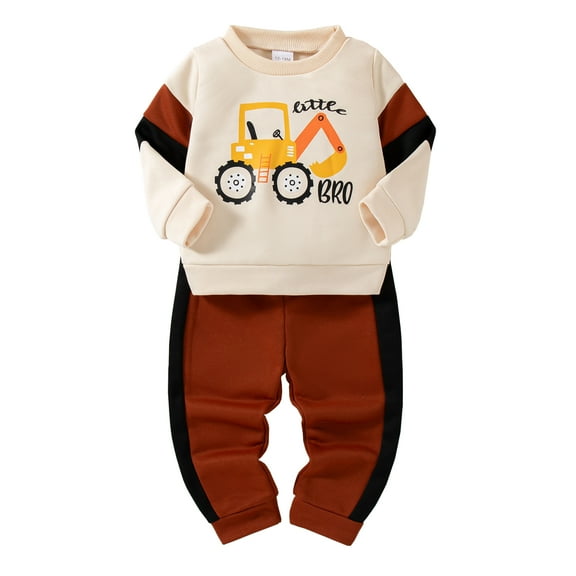 2T Baby Boys Clothes 3T Boys 2PCS Fall Winter Outfits Set Crew Neck Letter Print Toddler Boys Long Sleeve Top Pants Set Brown