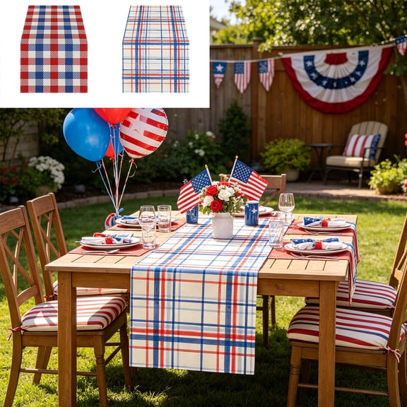 Memorial Day Saving!4th of July Decorations, Patriotic Plaid Table Runner Red White Blue Checkered Polyester Runner For 4th Of July Independence Day Dining Table Decor