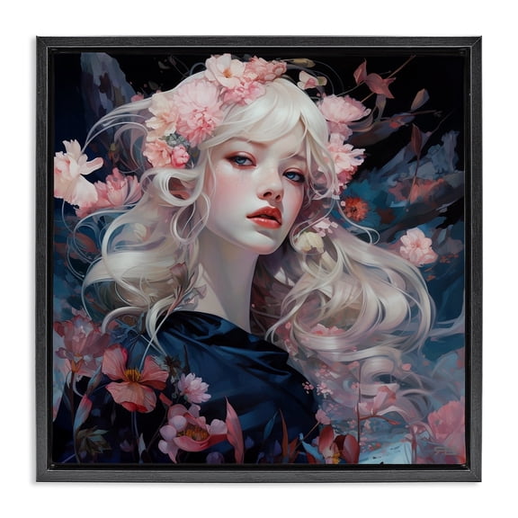 Stupell Industries Traditional Girl with Pink Irises Black Floating Frame Canvas Art, 18 x 18, by RB