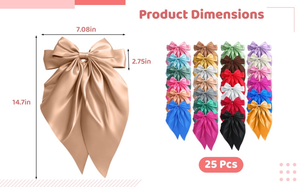 25 Pcs Satin Hair Bows, Silky Big Bow Hair Clips, Large Ribbon Bow Barrettes with Long Tails, Solid Color Clip Accessories for Women, Elegant Decorative Hairpieces for Daily Wear, Parties
