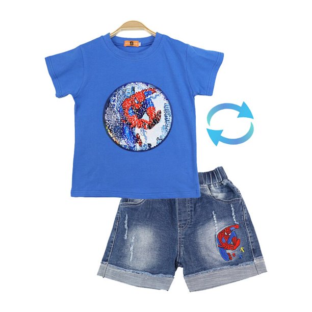Trajes de niños Dibujos animados Verano Algodón Niños T-shirtDenim Shorts Ropa Conjunto Niños Traje Ropa Avengers Spiderman7T Gao Jinjia LED