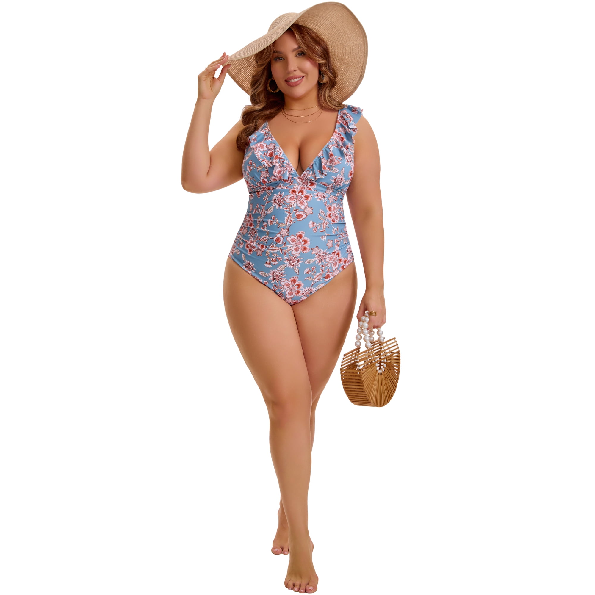 DARING DIVA Women's Plus Swimsuit Ruffled V Neck Tummy Control Bathing Suit 4X Sage Green