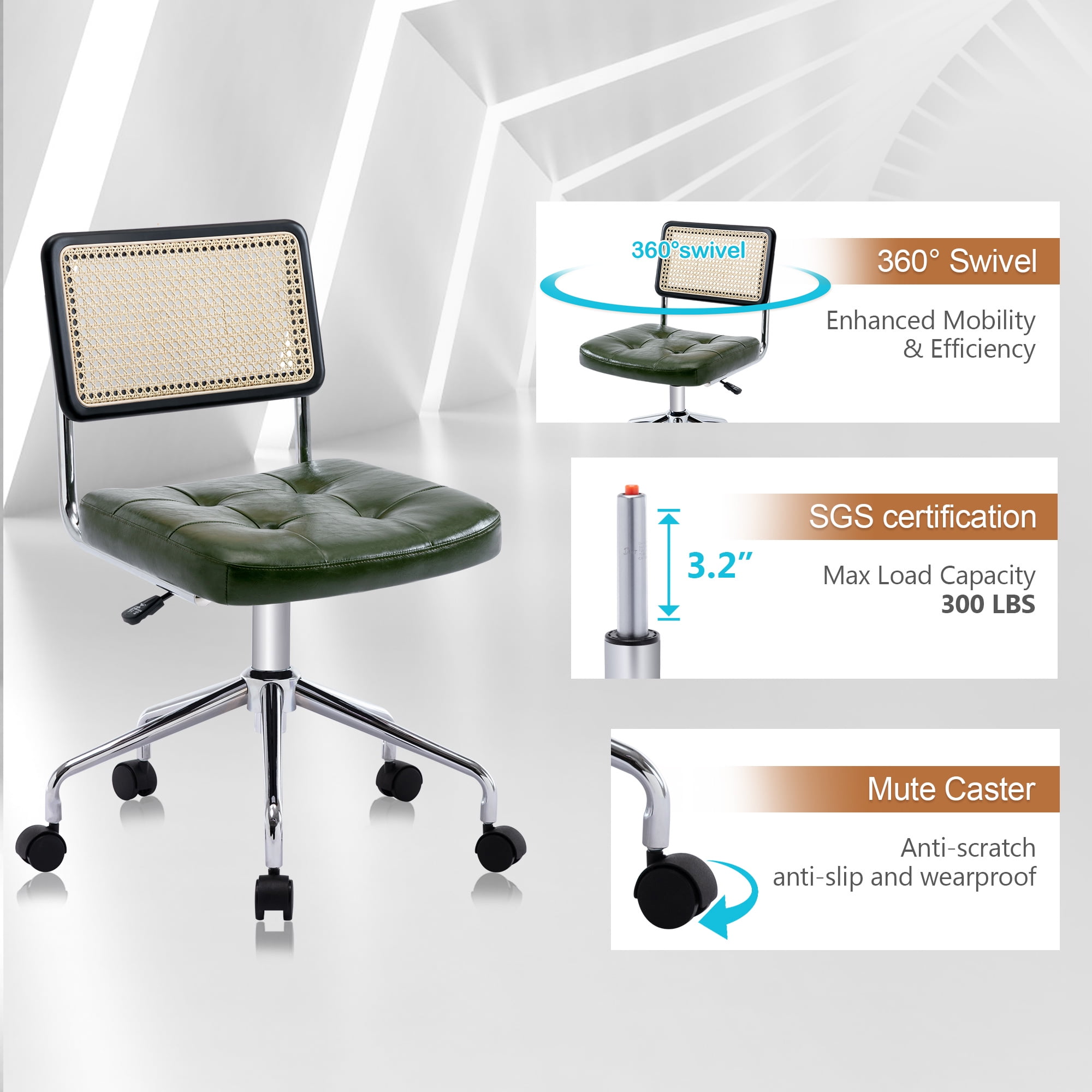 ONEVOG Tufted Leather Desk Chair, Swivel Home Office Chair with Rattan Back, Upholstered Armless Vanity Chair, Adjustable Height Computer Task Chair, Green