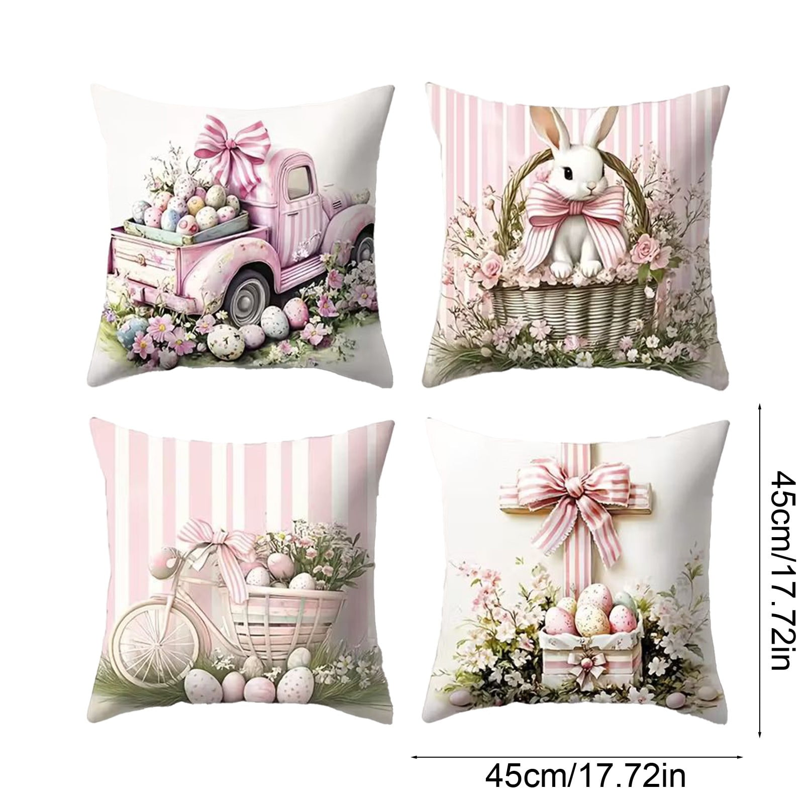 Set of 4 Easter Throw Pillow Covers 18x18 Inch, Linen-Like Bunny and Easter Egg Print Pillowcases for Sofa Couch Spring Home Decor