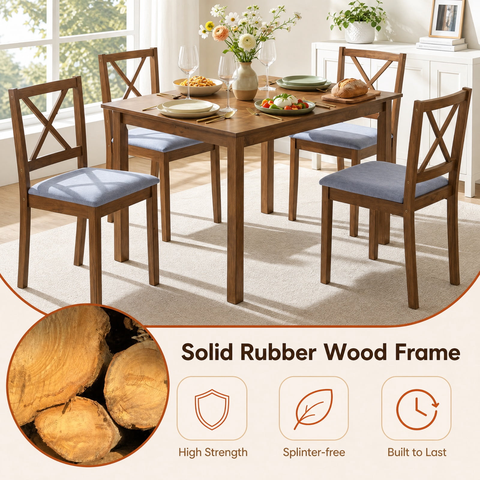 Furnibear 5 Piece Dining Table Set with Rectangular Table and Upholstered Fabric Kitchen Chairs for Dining Room Small Space Seating, Gray