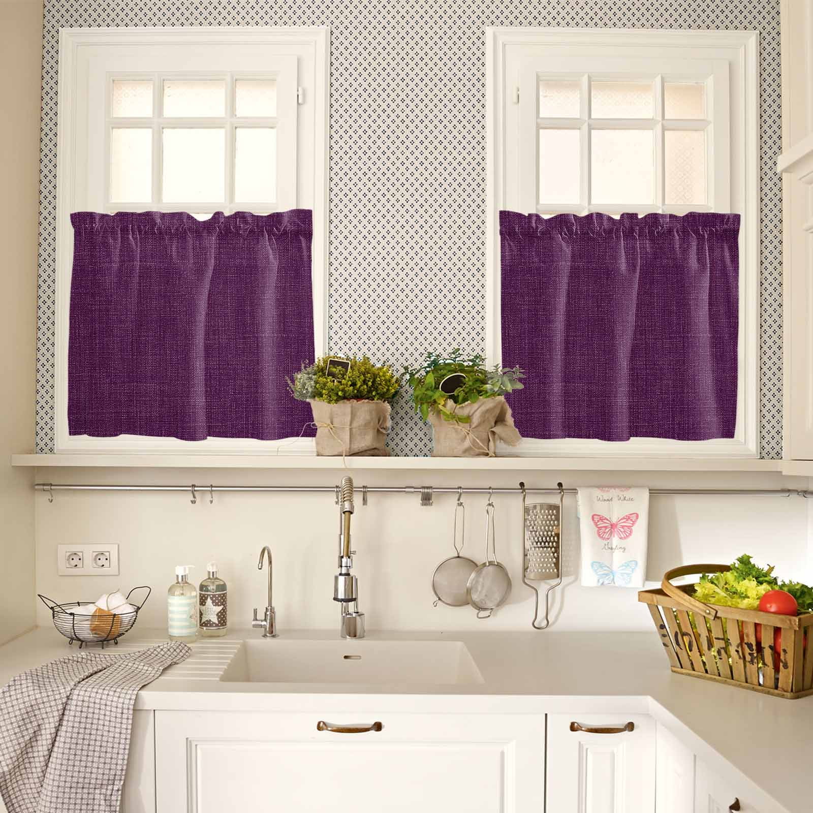 Vintage Dark Kitchen Curtains Valance and Tier Set Purple Linen Texture Farmhouse Rod Pocket Short Curtains for Small Window 3 Pieces Set for Bedroom Bathroom Cafe (54" x 18"+27" x 36")
