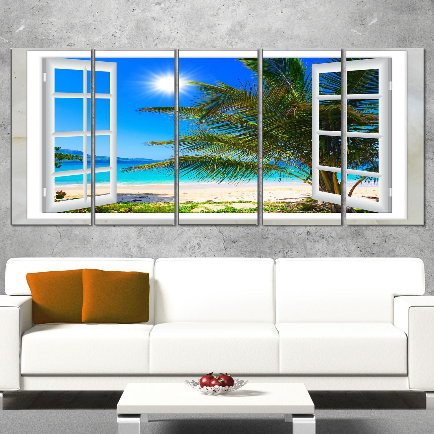 Design Art Window Open to Beach with Palm Extra Large Seashore Canvas Art Print